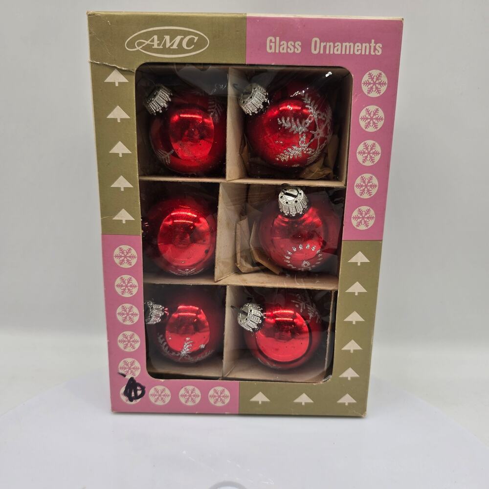 Vintage West Germany Red & Silver Glitter Christmas Ornaments set of 6 Mercury
